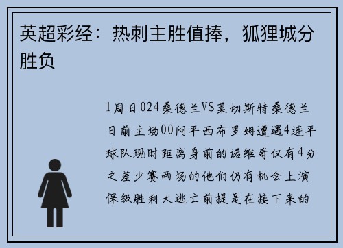英超彩经：热刺主胜值捧，狐狸城分胜负